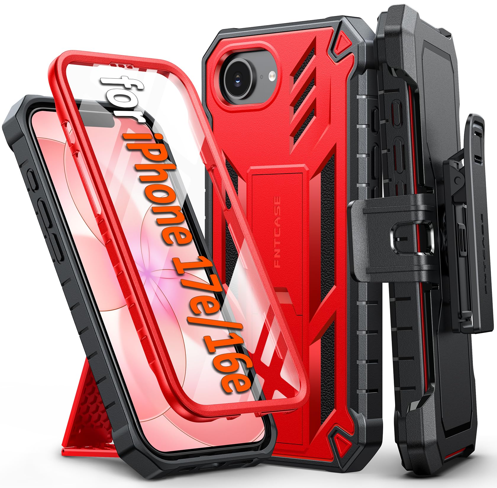 FNTCASE for iPhone 17e Phone Case: for iPhone 16e Case Military Grade Rugged Case with Kickstand & Holster | Shockproof TPU Protection Bumper Matte Textured Design | Heavy Duty Protector Black
