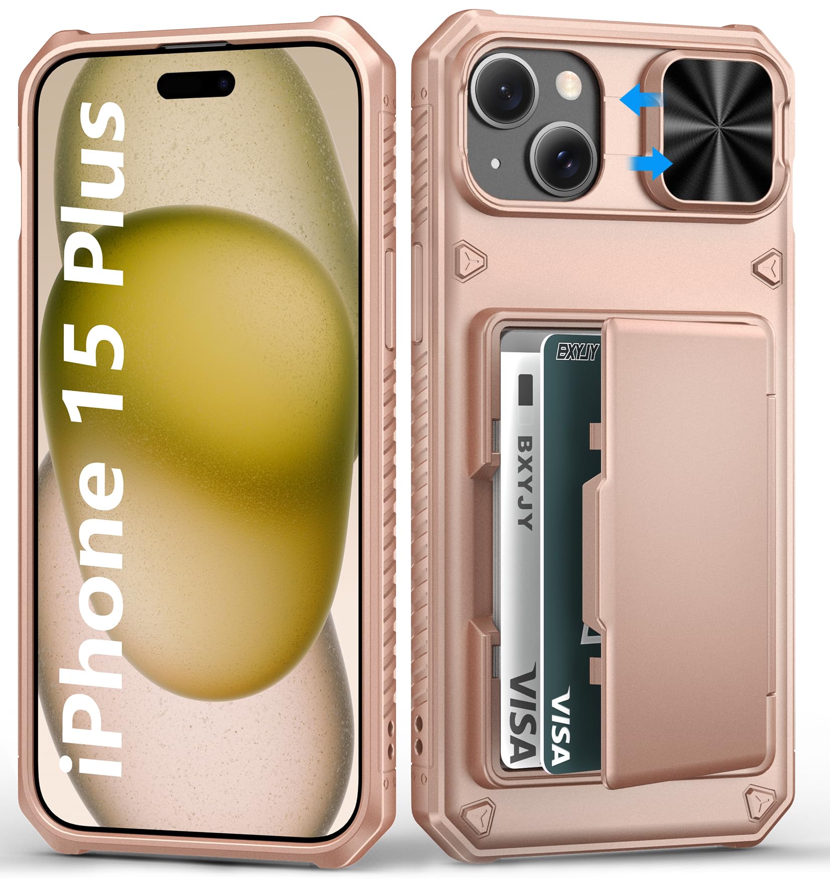BXYJY for iPhone 15, iPhone 14, iPhone 13 Wallet Case with Card Holder(4-5 Cards), Slide Camera Cover, Military Drop & RFID Protection, Heavy Duty Women Men Phone Case for iPhone 15/14/13, Black