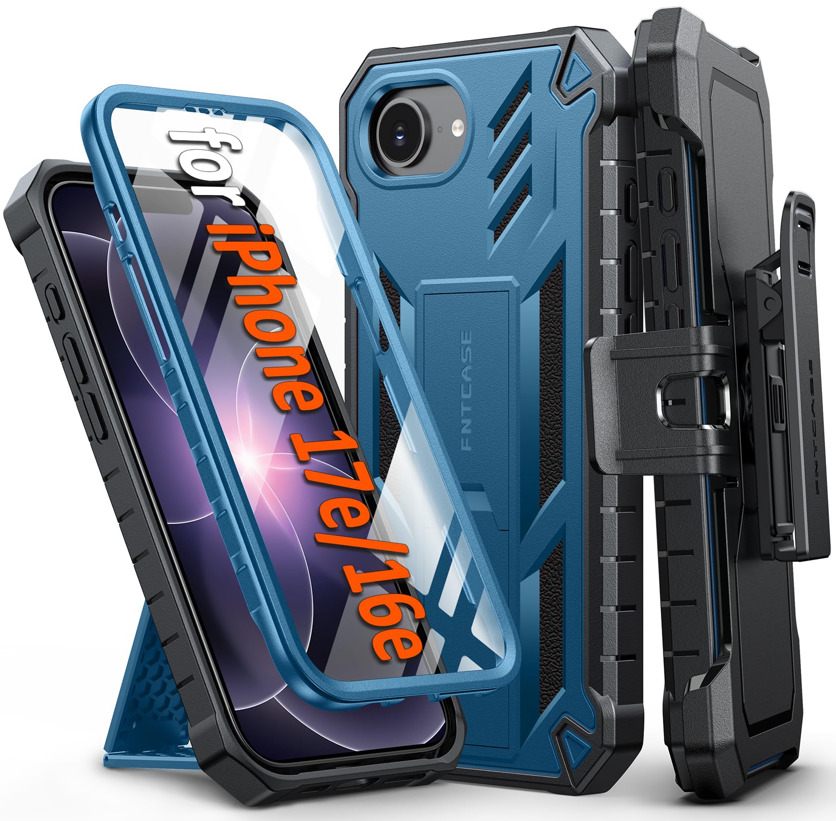 FNTCASE for iPhone 17e Phone Case: for iPhone 16e Case Military Grade Rugged Case with Kickstand & Holster | Shockproof TPU Protection Bumper Matte Textured Design | Heavy Duty Protector Black