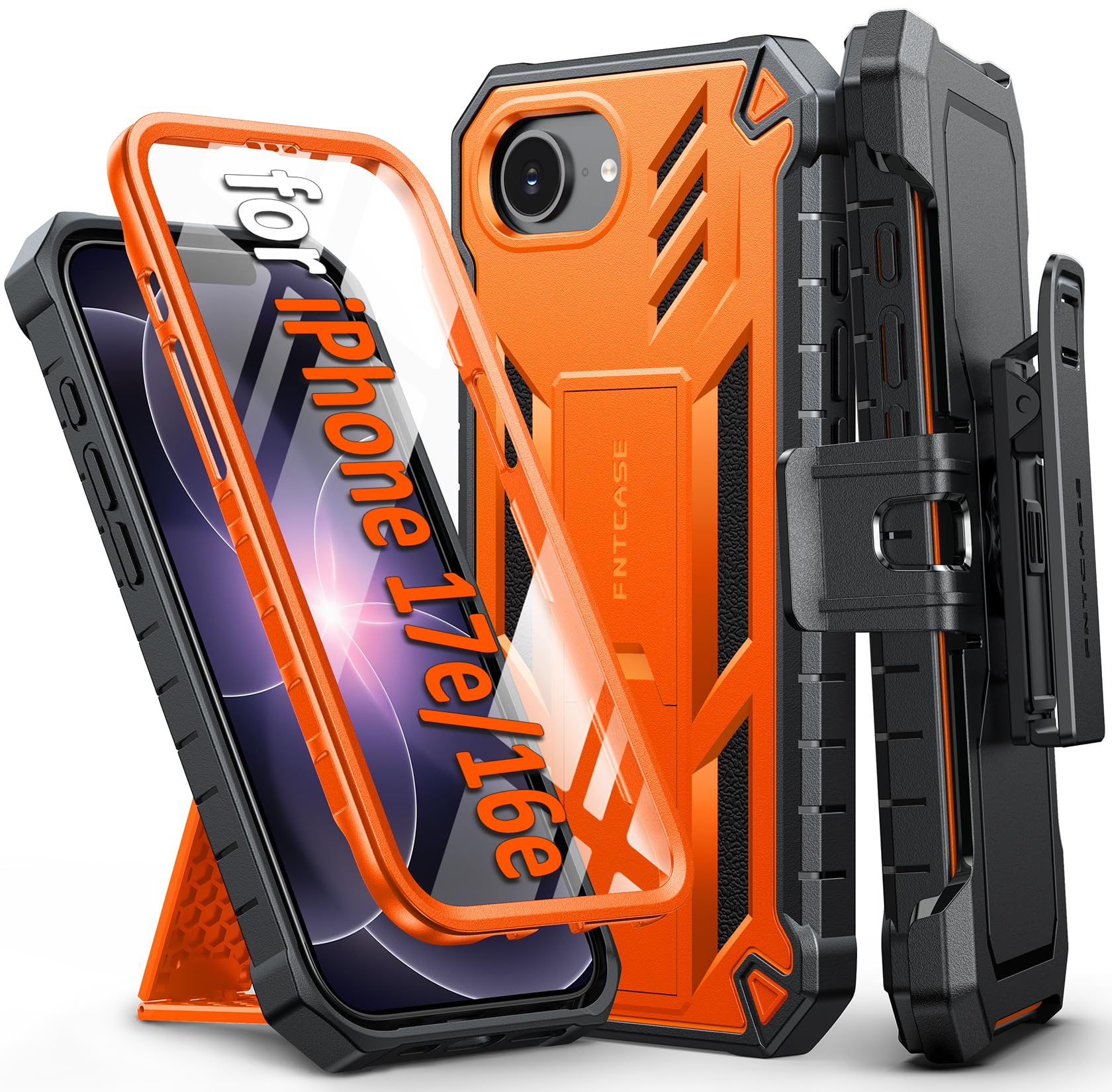 FNTCASE for iPhone 17e Phone Case: for iPhone 16e Case Military Grade Rugged Case with Kickstand & Holster | Shockproof TPU Protection Bumper Matte Textured Design | Heavy Duty Protector Black