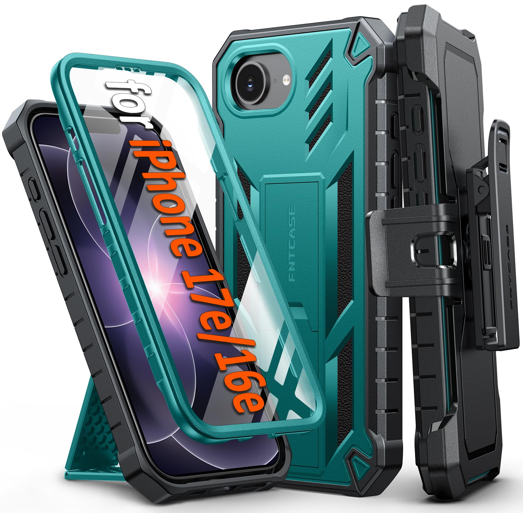 FNTCASE for iPhone 17e Phone Case: for iPhone 16e Case Military Grade Rugged Case with Kickstand & Holster | Shockproof TPU Protection Bumper Matte Textured Design | Heavy Duty Protector Black