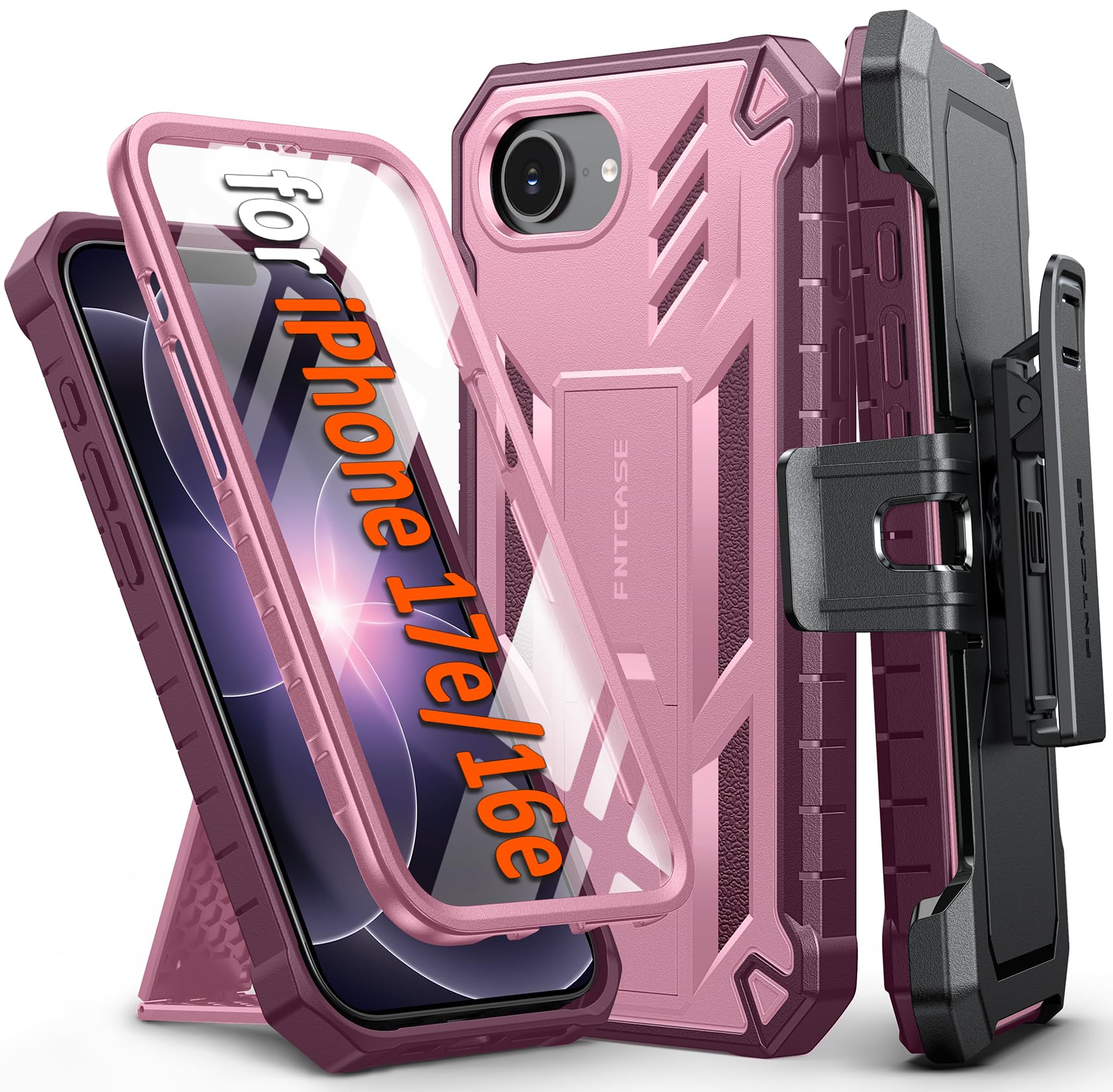 FNTCASE for iPhone 17e Phone Case: for iPhone 16e Case Military Grade Rugged Case with Kickstand & Holster | Shockproof TPU Protection Bumper Matte Textured Design | Heavy Duty Protector Black