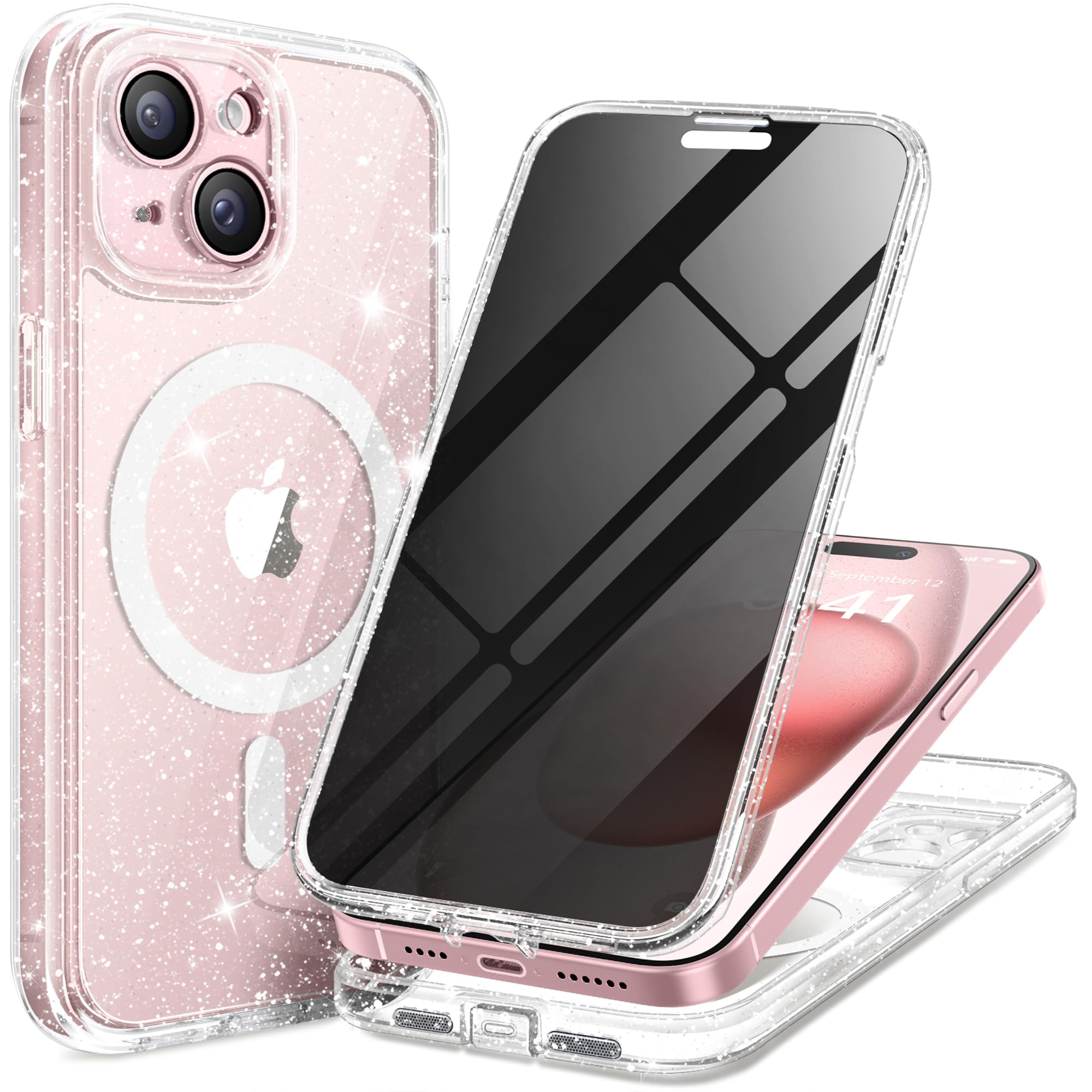 TIESZEN for iPhone 15 Case, Compatible with MagSafe, Built-in Privacy Screen Protector and Camera Protection, Anti Spy Full Body Dustproof Shockproof Hard Phone Case 6.1", Black