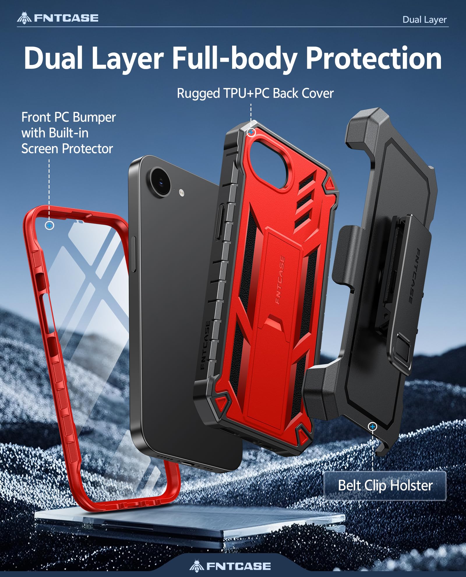 FNTCASE for iPhone 17e Phone Case: for iPhone 16e Case Military Grade Rugged Case with Kickstand & Holster | Shockproof TPU Protection Bumper Matte Textured Design | Heavy Duty Protector Black
