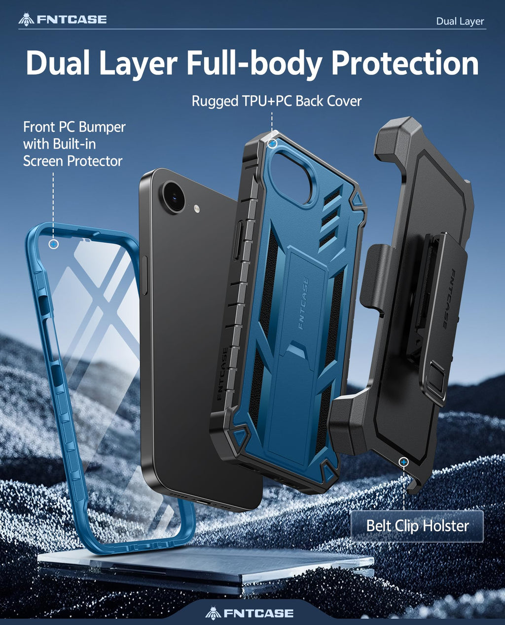 FNTCASE for iPhone 17e Phone Case: for iPhone 16e Case Military Grade Rugged Case with Kickstand & Holster | Shockproof TPU Protection Bumper Matte Textured Design | Heavy Duty Protector Black