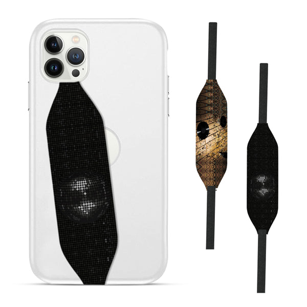 Infinity Shield Switchbands black disco reversible phone grip strap with secure hand loop for comfortable phone handling.